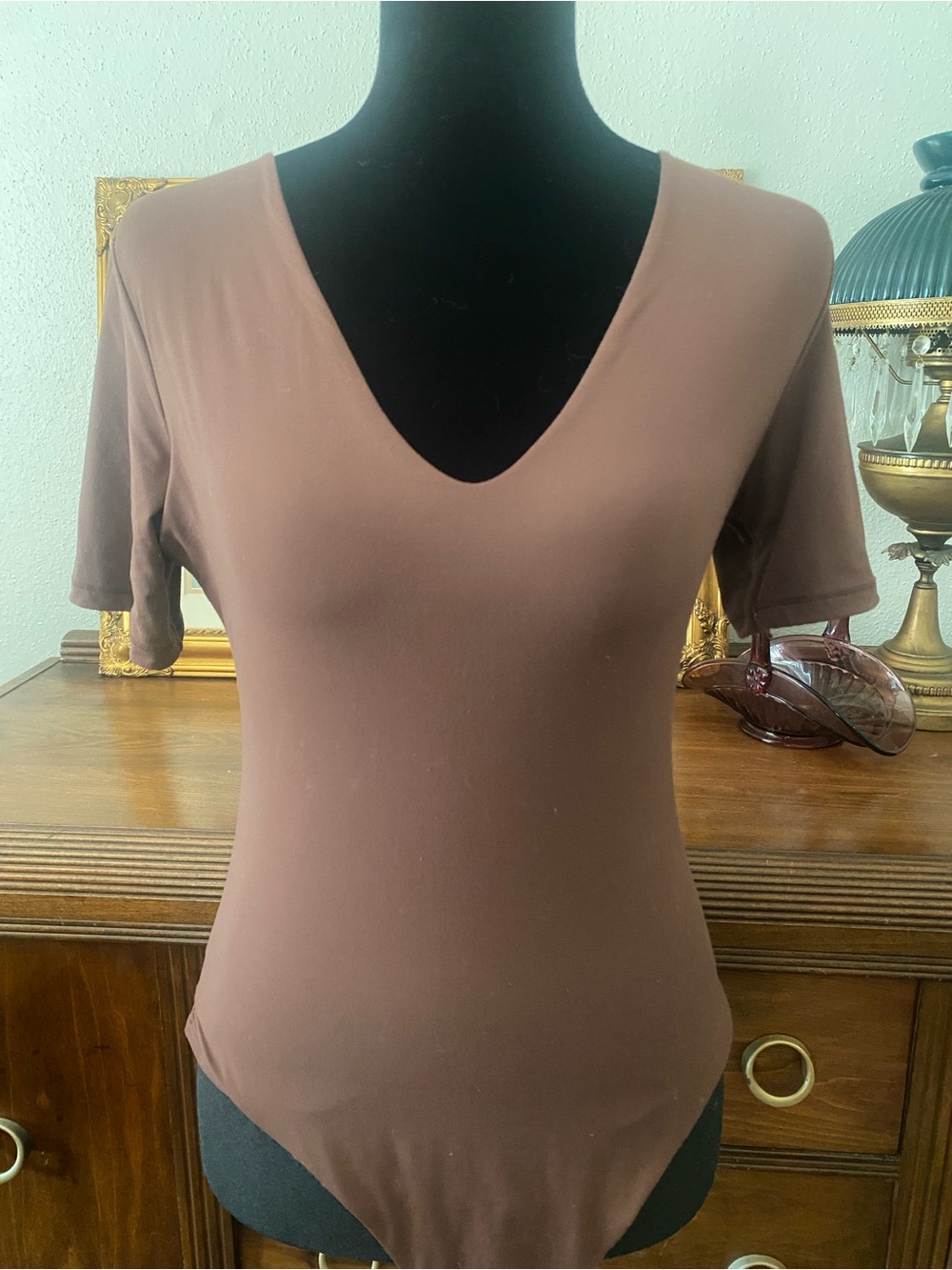 Brown V-Neck Women's Bodysuit